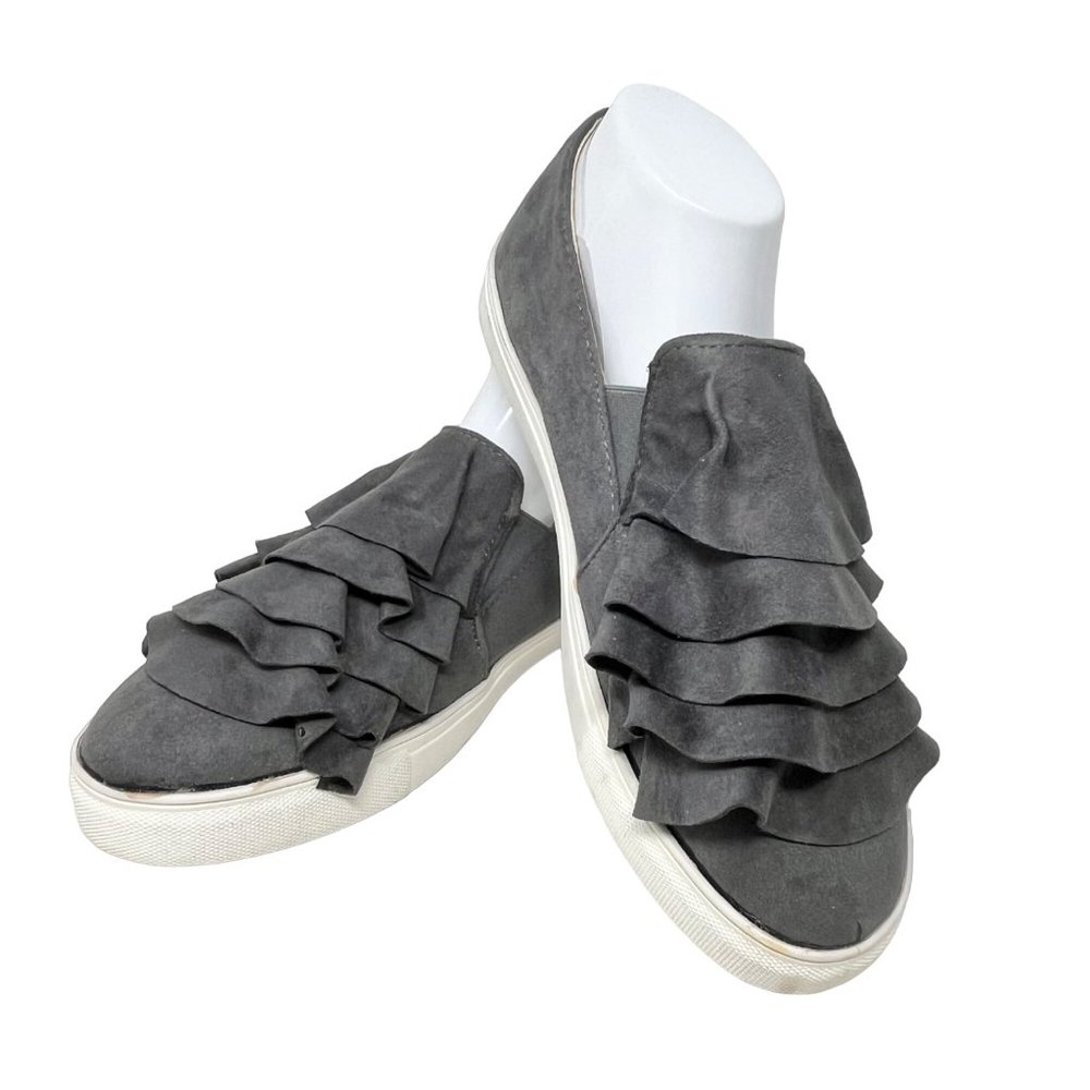 JC Womens Ruffle Top Sneaker Slip‎ On Gray Faux Suede 22747 Size 10M